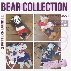 Crochet Pattern: Bear Collection, Melly Teddy Ragdoll Bear pattern bundle, bear crochet patterns, bear snuggler, bear lovey, 3 in 1 pattern image 1