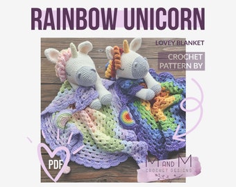 Crochet pattern: Rainbow Unicorn Lovey Blanket, soft snuggler toy, amigurumi lovey comfort blanket, newborn gift, baby shower gift