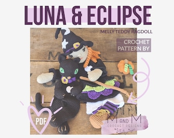 Crochet Pattern: Luna Witch, Melly Teddy Ragdoll, cute amigurumi witch ragdoll, easy to make witch lovey, witch snuggler, crochet Halloween