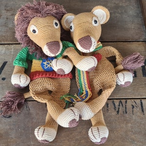 Peut inclure: Deux peluches de lion en crochet, l'une portant un pull vert, rouge et jaune et l'autre une écharpe verte, jaune et rouge. Les peluches sont assises sur une surface en bois.