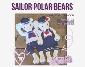 Crochet Pattern: Sailor Polar Bear, Melly Teddy Ragdoll, cute amigurumi polar bear ragdoll, easy to make polar bear, polar bear snuggler