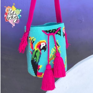 Wayuu Bag | Parrot Bird Crossbody Bag | Hippie Crossbody Bag | Crochet Bag | Handmade Crochet Crossbody Bag | Teal Crossbody Bag