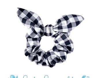 SWIM SCRUNCHIE Black White Buffalo Check Plaid Scrunchie Bow Scrunchie, CLASSIC