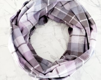 100% COTTON INFINITY SCARF perfect for Fall Winter- Lavender Grey Flannel Plaid