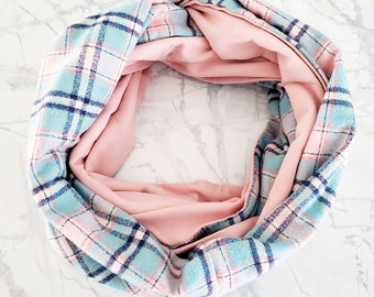 REVERSIBLE COTTON BAMBOO Infinity Scarf Perfect for Fall Winter- Blue Pink Plaid