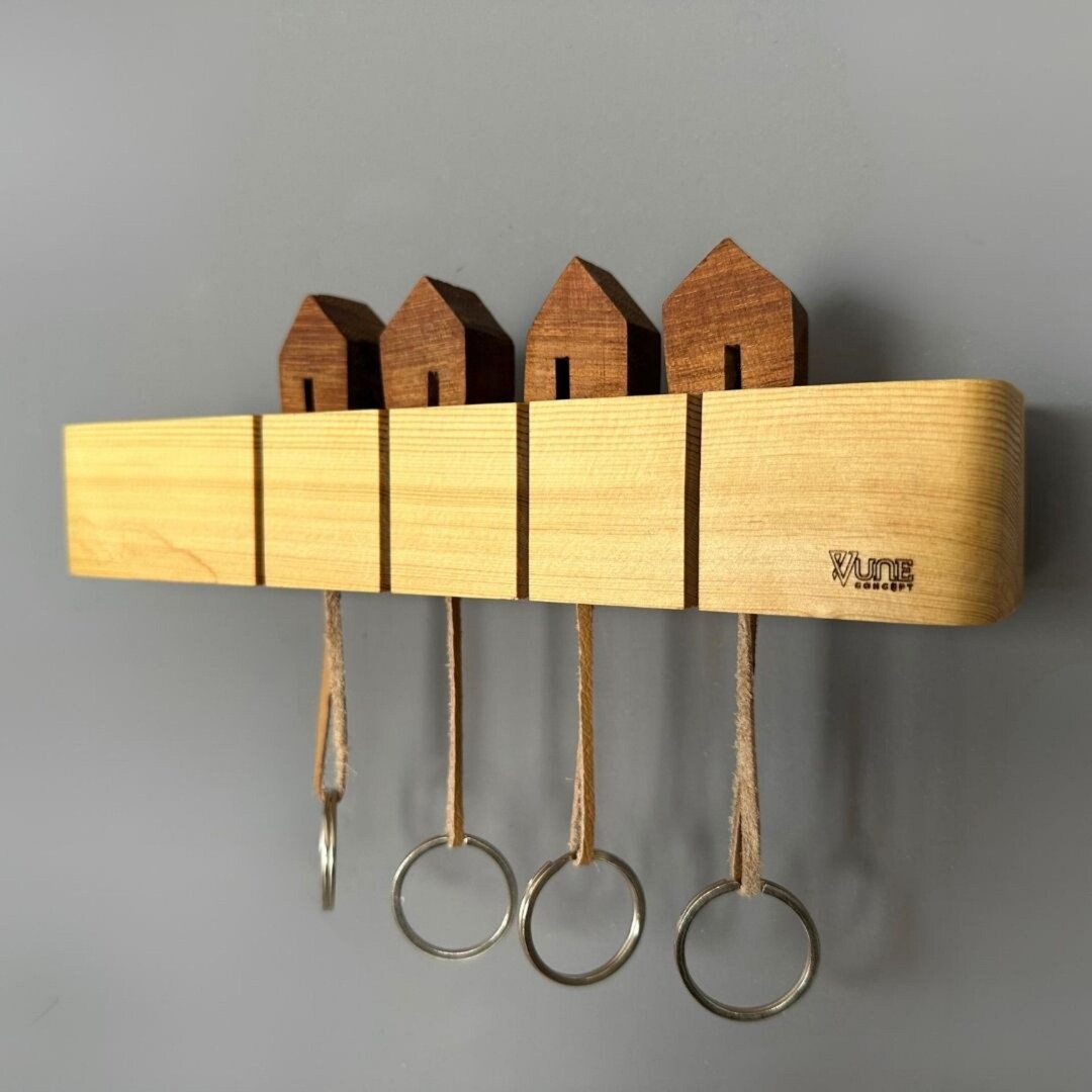 Handcrafted Wooden Key Holder With Leather Accents, Key Hanger With