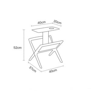 May include: Line drawing of a side table with a shelf and a top surface. The table is 20 inches wide, 40 inches long, and 52 inches tall. The shelf is 37 inches wide and 40 inches long.