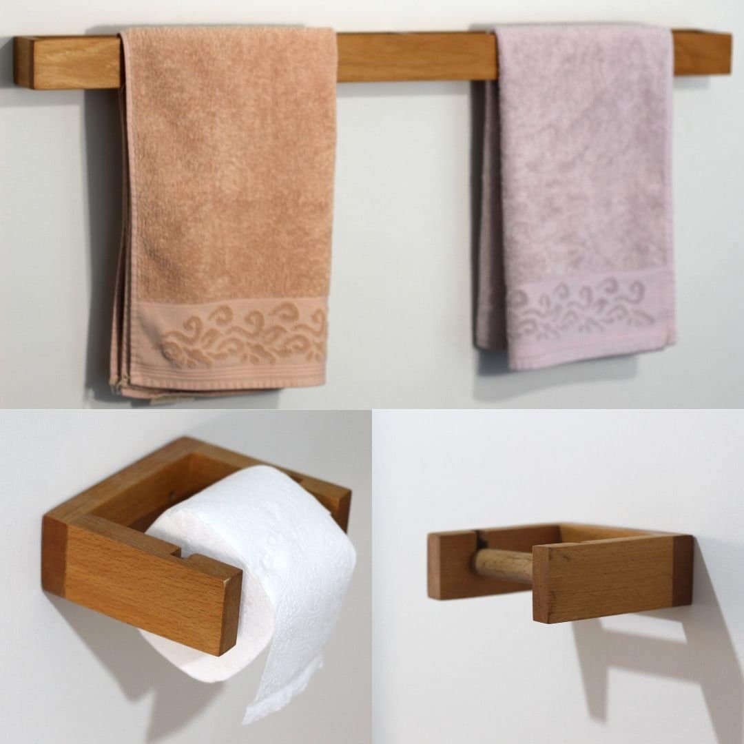 Oak Wood Towel Holder Set of 3 Bathroom Hooks Kitchen Towel Hooks