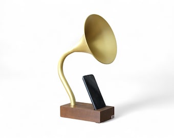 iPhone Dock Speaker and Wooden smartphone stand in Gold, Vintage Design Tiny House Decor, Handmade Gift for Someone