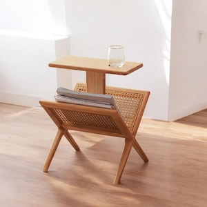 Handcrafted Wooden Magazine Rack Side Table, Modern Minimalist Bedside Table, Unique Decor for Living Room or Bedroom