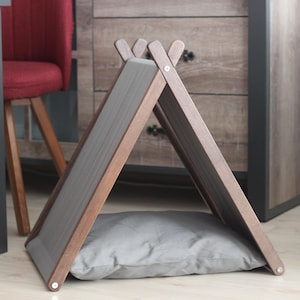 Handmade Triangle Pet House for Stylish Pets, Gray Modern Design Cat Tent, Personalized Gift for Pet Lovers