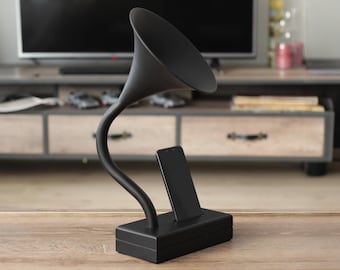 All Black  Acoustic Amplifier and iPhone Stand,  Modern Design Desktop Decor for Office, Special Day Gift for Your Musician Friend