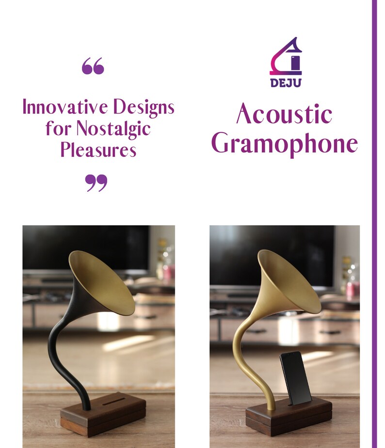 Acoustic Gramophone and Phone Speaker in Gold, Bedroom Decor for Music Lovers, Personalized 40th birthday gift image 6