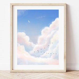 Cotton Candy Skies Art Print - Moon Cloudscape Sunset Art numérique - Sky Print Stars Birds Flock Decor