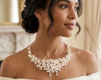 White Clay Flower Bridal Necklace, Ivory Floral Wedding Jewelry, Boho Accessory