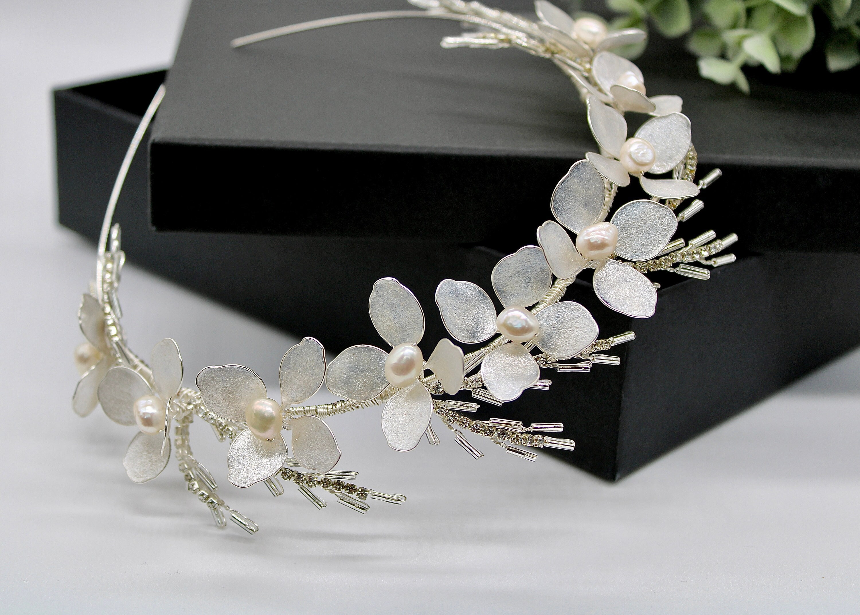 Elegant Bridal Silver and Pearl Floral Headband Swarovski Crystal Faux Pearls White Floral Vine Leaves  main image 2