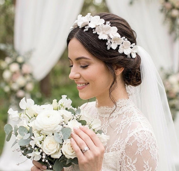 Bridal Flower Crown: Pearl & Polymer Clay Floral Headband - Etsy display picture 1