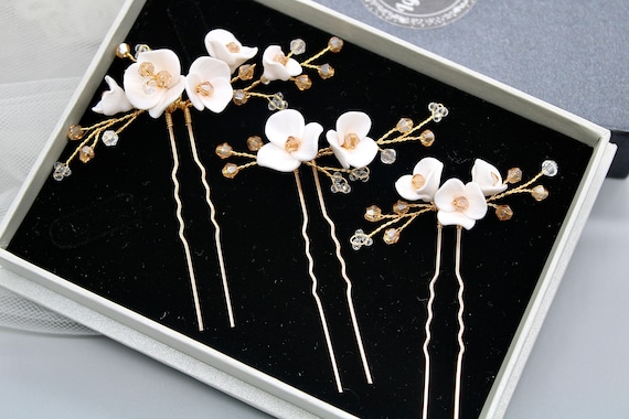 Ceramic Roses Beads And Glass Crystal Hair Pin Clip Handmade Glass Flower Hair Pin, Hand Beaded With Rose Quartz  main image 2