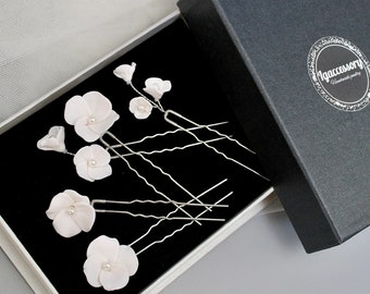 Bruidshaarspelden, met de hand gebeeldhouwde kleibloemhaarspelden, bloemenhaarspelden, minimalistische bruid, bloembruidhoofddeksel, Floral Bobby Pins