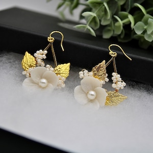 Gold Leaf Teardrop Earrings: White Floral Pearl Bridal Earrings