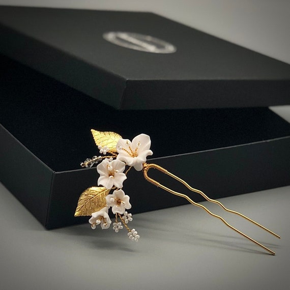 Gold Floral Hairpin Gold Wedding Hairpin White Flower Etsy