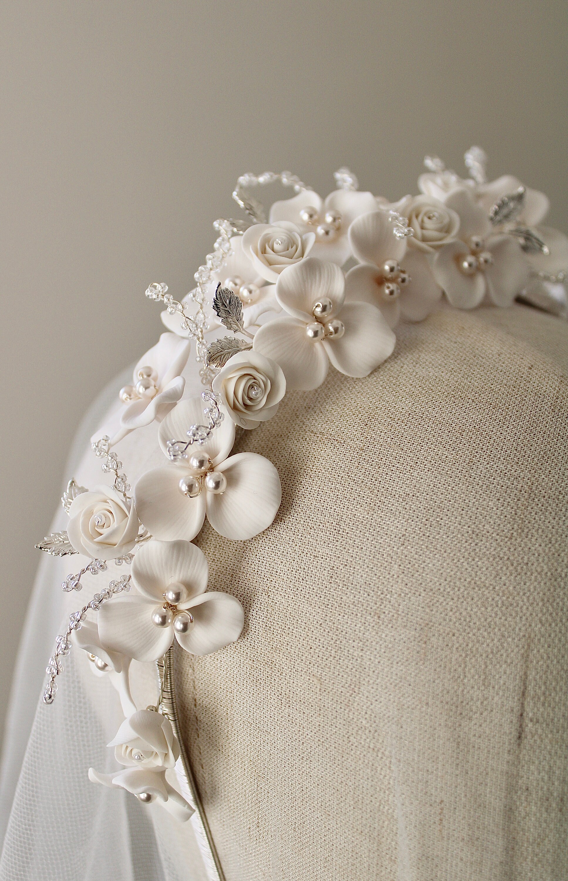 Pearl Wedding Crown: Floral Bridal Headband With Silver  display picture 1