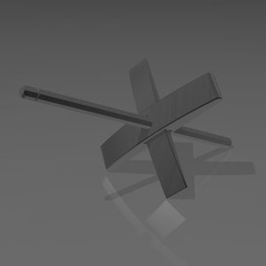 May include: A silver-colored, four-pronged anchor with a long, thin shaft. The anchor is lying on a gray surface.