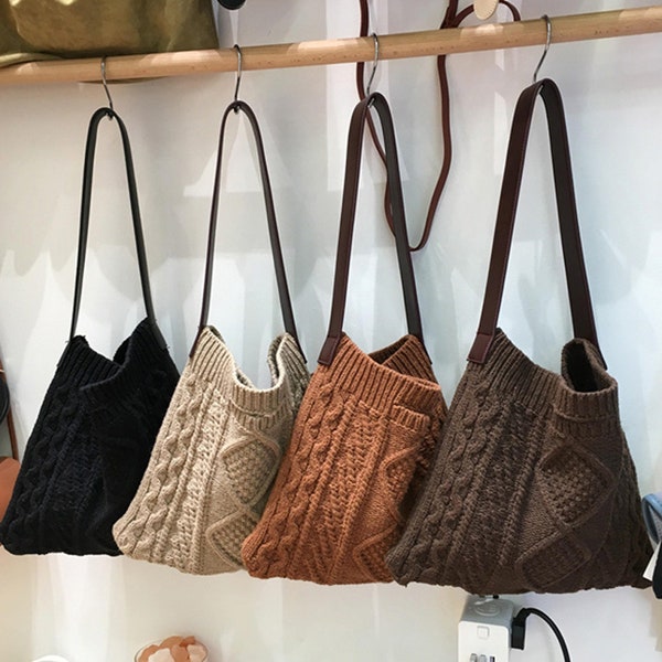 Khaki Crochet Bag, Crochet Tote Bag, Vintage Large Capacity Bag, Handmade Crossbody Bag,  Retro Twist Hand Shopping Bag, Women's Work Bag