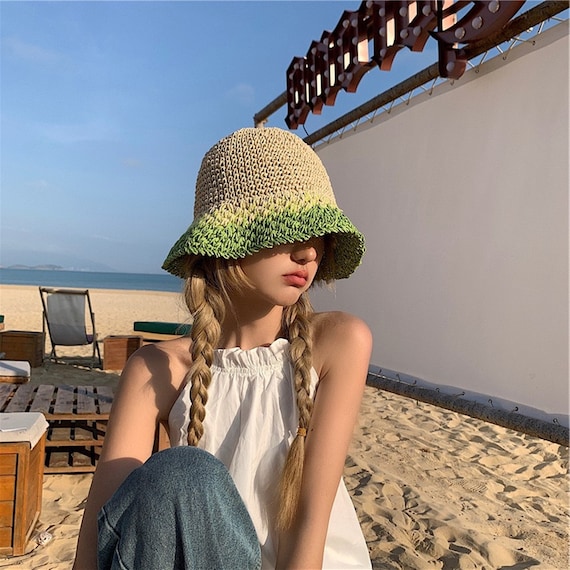 Color Crochet Bucket Hat, Summer Sun Hats, Handmade Straw Hat