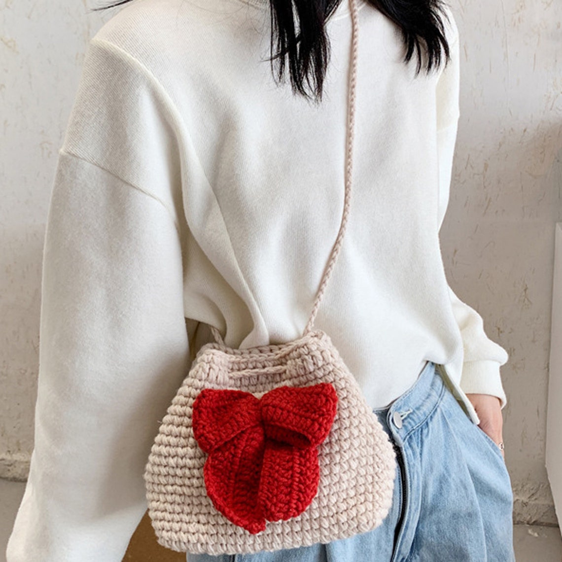 Bow-knot Hand Knitted Bag Handmade Drawstring BagHand-woven | Etsy