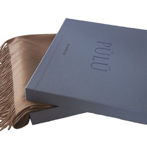May include: A brown cashmere scarf with fringe, folded and displayed in a blue box with the text "..Piu" and "GIANNACO" printed on the box.