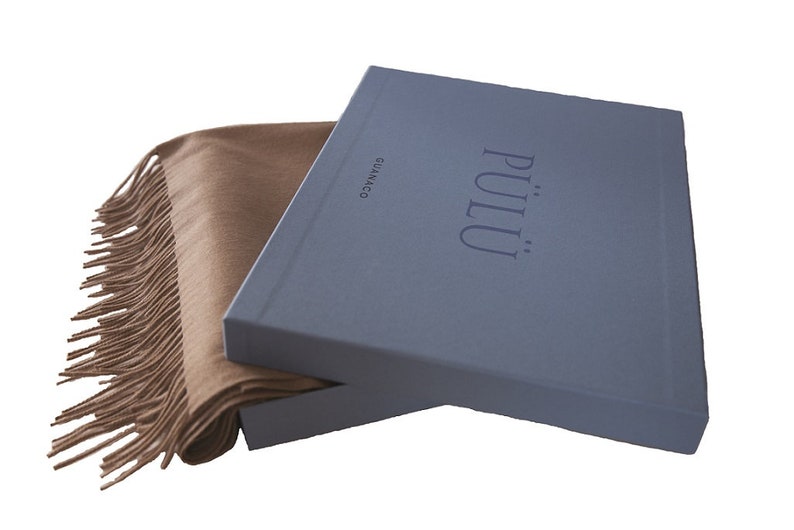 May include: A brown cashmere scarf with fringe, folded and displayed in a blue box with the text "..Piu" and "GIANNACO" printed on the box.