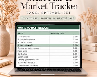Può includere: Uno schermo di computer portatile che mostra un foglio di calcolo Excel per il monitoraggio di fiere artigianali con colonne per metriche e importi. La tabella elenca categorie finanziarie in euro. Testo: 4 fogli di lavoro collegati.