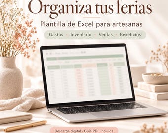 Può includere: Un computer portatile che mostra un modello di foglio di calcolo Excel per l'organizzazione di fiere artigianali. Lo schermo riporta il testo in spagnolo: Organiza tus ferias, Plantilla de Excel para artesanas, Gastos, Inventario, Ventas, Beneficios, Descarga digital, Guía PDF incluida, Mar Pallarès Studio.