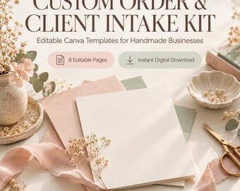 Può includere: Kit per ordini personalizzati e accoglienza clienti, modelli Canva modificabili per attività artigianali con 8 pagine e download digitale. Include fogli di carta, fiori secchi, forbici dorate e una piccola ciotola.