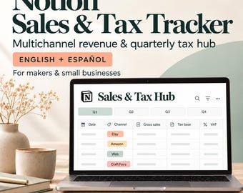 Può includere: Un modello digitale Notion Sales & Tax Tracker visualizzato sullo schermo di un computer portatile. L'interfaccia mostra una dashboard Sales & Tax Hub con colonne trimestrali e righe per tracciare date, canali di vendita, ricavi e tasse.