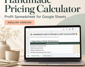 Può includere: Un computer portatile che mostra un foglio di calcolo per i prezzi di prodotti artigianali su Google Sheets. Lo schermo presenta campi per lo stipendio target, le ore di lavoro e i parametri aziendali.