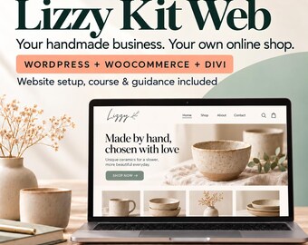Può includere: Un computer portatile mostra il sito web Lizzy Kit Web per attività artigianali, con WordPress, WooCommerce e Divi. Lo schermo presenta una home page di un negozio di ceramica con il testo Made by hand, chosen with love e un tasto Shop Now.