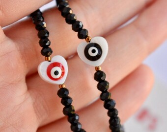 Black Beaded Evil Eye Bracelet: Macrame Knot Protection Jewelry