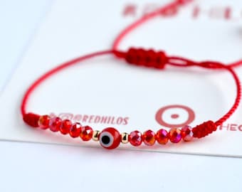 Red Evil Eye Protection Bracelet, Beaded Macrame