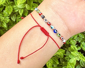 Dainty Evil Eye Bracelet: Red String Protection, Silver Beads