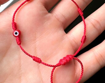 Red Evil Eye Bracelet: 7 Knot Protection, Adjustable Macrame