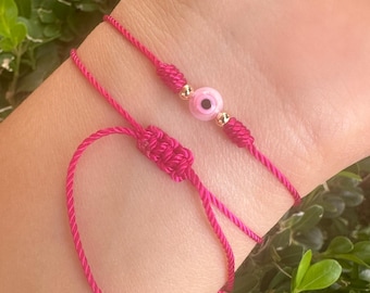 Handmade Pink Evil Eye Bracelet, Adjustable Macrame Protection Jewelry