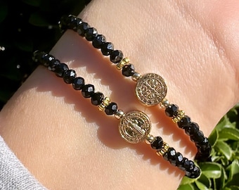 San Benito Protection Bracelet, Black Rondelle Beads, Gold Accents