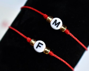 Personalized Initial Bracelet Set: Red String Couple Bracelets