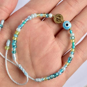 Blue evil eye bracelet, San Benito Charm beaded bracelet, evil eye Protection bracelet, mal de ojo bracelet, Saint Benedict bracelet
