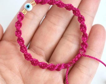 Evil Eye Beaded Bracelet: Bright Pink Macrame Protection Jewelry