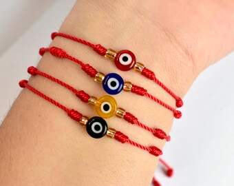 Red Evil Eye Bracelet: 7 Knot Adjustable String Jewelry