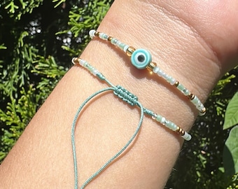 Dainty Evil Eye Seed Bead Bracelet: Aqua String, Good Luck Charm
