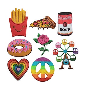 May include: A set of ten iron-on patches featuring various designs, including a slice of pizza, a can of Campbell's soup, a doughnut, a rose, a Ferris wheel, a rainbow peace sign, a rainbow heart, and a box of chips.